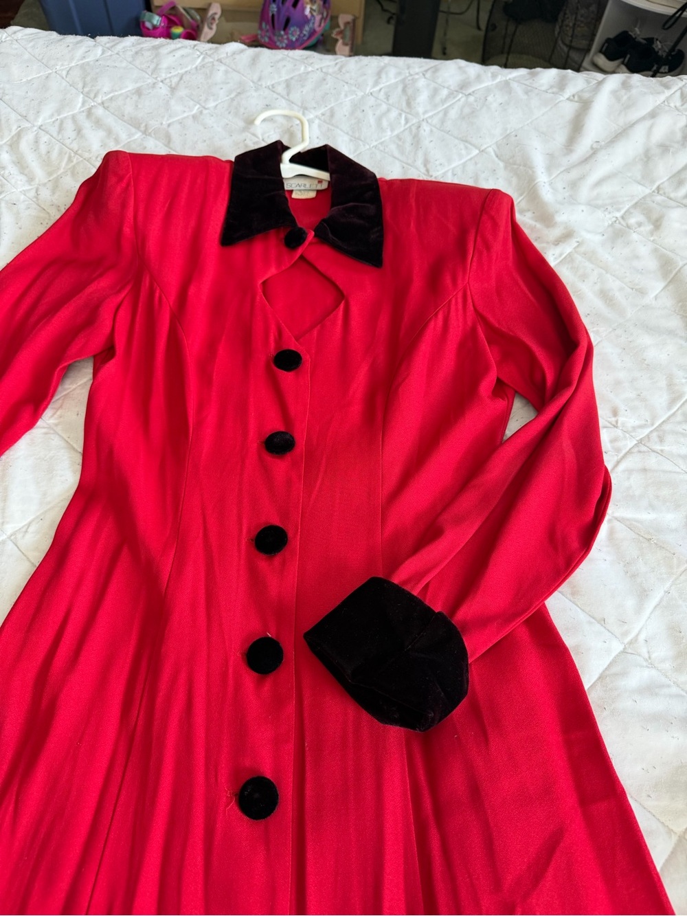 Vintage late 80’sScarlett Red Long-Sleeve Dress with Black Velvet Collar Cuffs